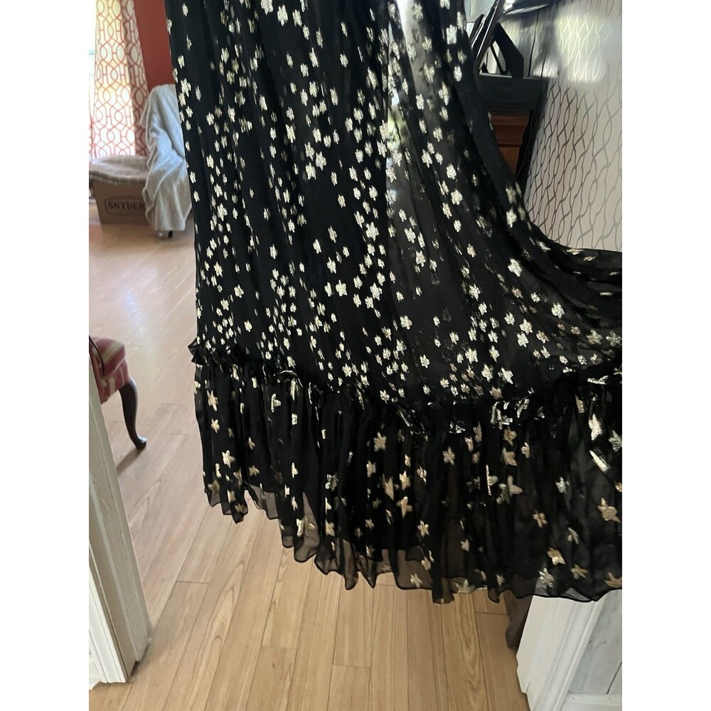 LoveShackFancy Black Silk Gold Metallic Star Maxi Off Shoulder Chiffon Dress 2 - Picture 4 of 16